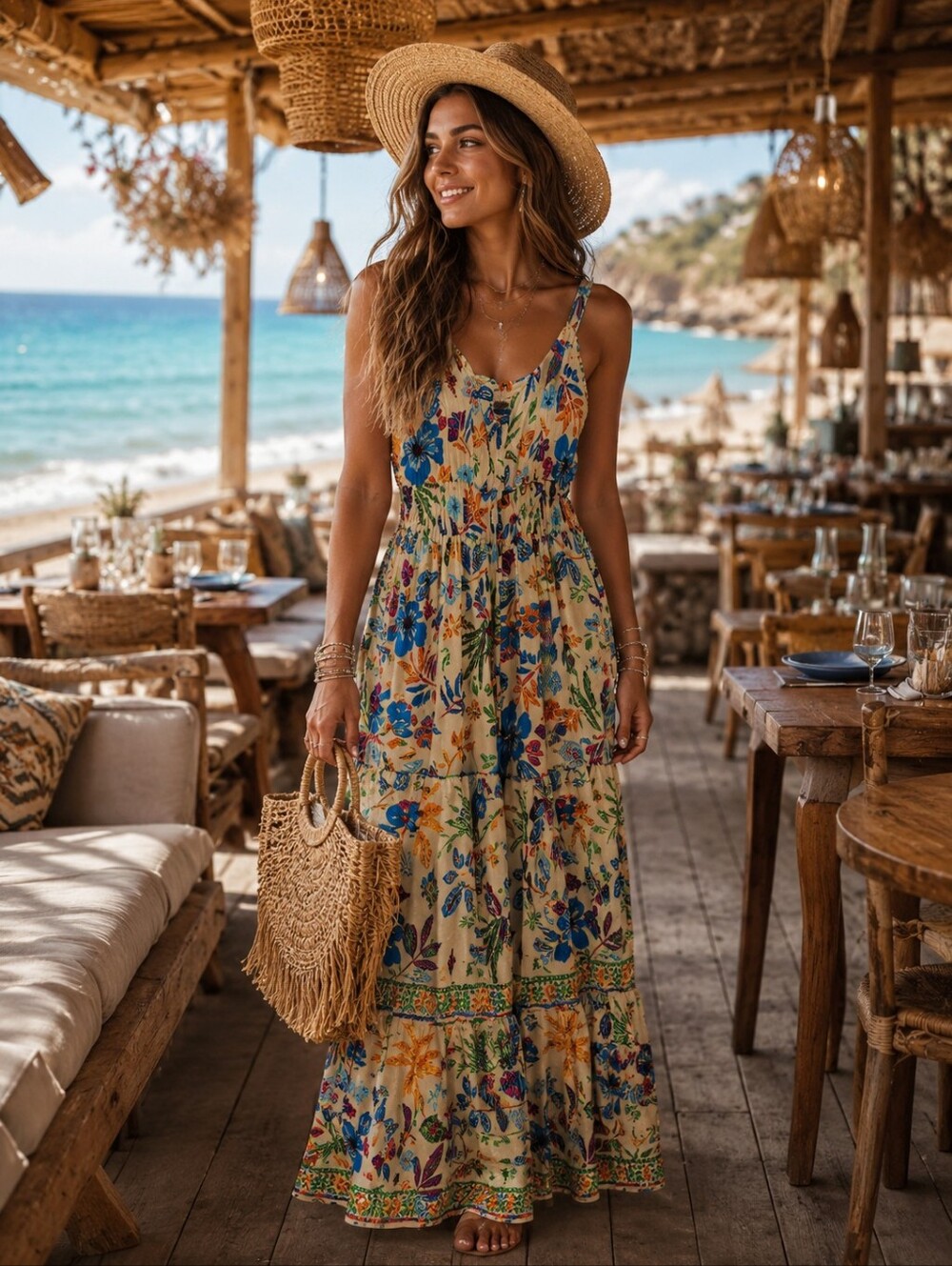 235.Me 2 Magic Boho Floral Tiered Maxi  Viscose Dress in Beige